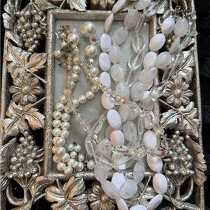 3 Vintage Elegant White Faux Pearl , Aurora Borealis Silver Women's Necklace Set